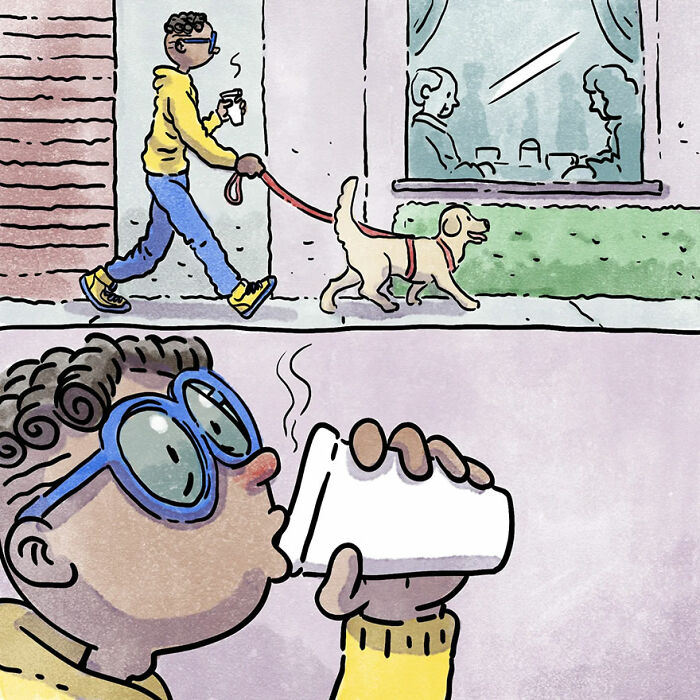 Illustration of a pet owner walking a dog and drinking coffee, capturing a heartwarming story relatable to all pet lovers.