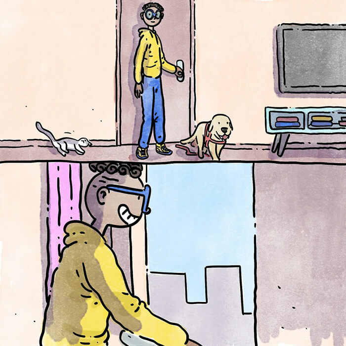 Illustration of a pet owner with a cat and dog, featuring heartwarming moments at home.