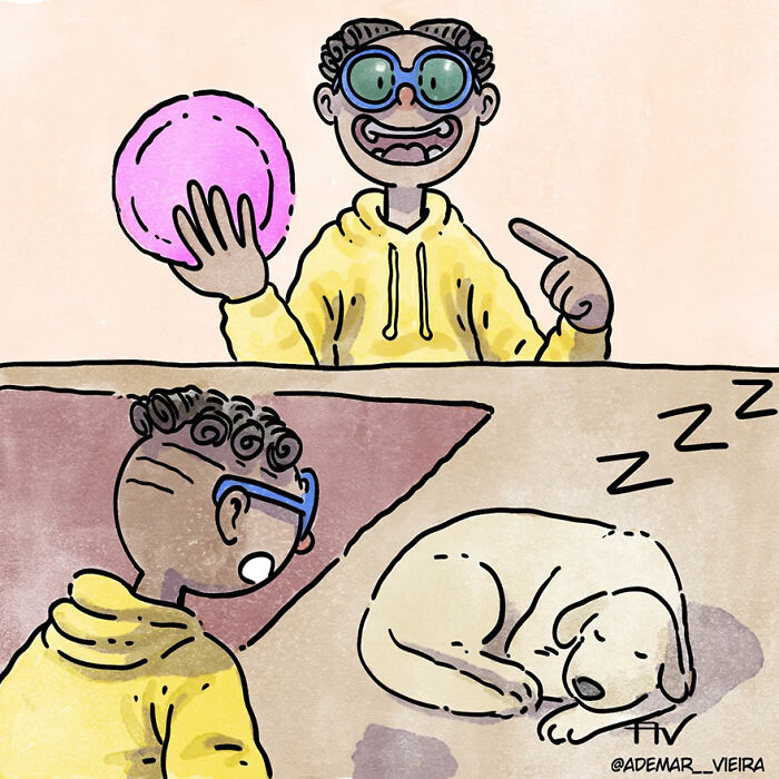 Illustration of a person with glasses holding a pink ball while their dog sleeps nearby, depicting a relatable pet owner story.