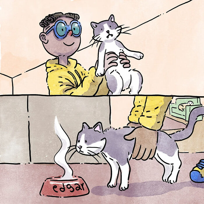 Illustration of a person joyfully holding a cat, embodying heartwarming pet stories relatable to all pet owners.