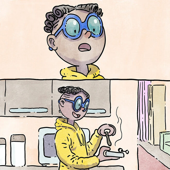 Artist illustrates a person in a yellow hoodie with large glasses, discovering something intriguing in the kitchen.