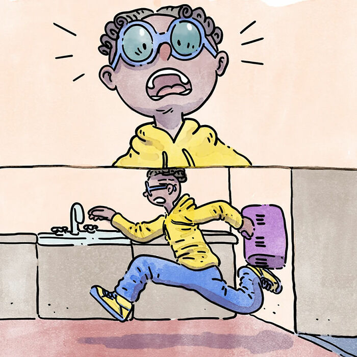 Cartoon drawing of a person in a yellow hoodie rushing from a desk, illustrating a heartwarming pet story.