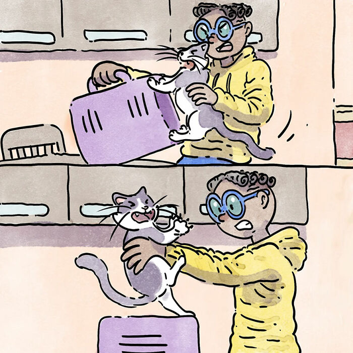 Illustration of a pet owner with glasses trying to place an uncooperative cat into a carrier, depicting a relatable pet story.