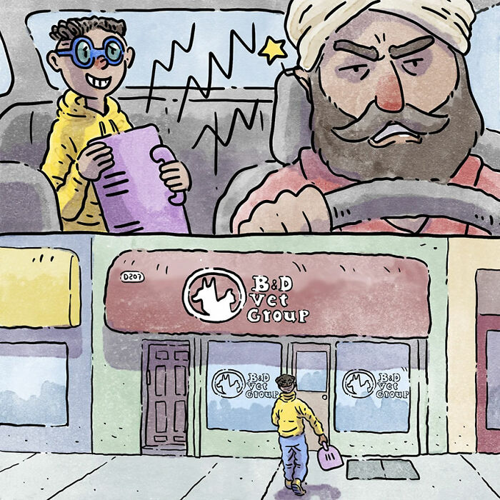 Illustration of a pet owner entering a vet clinic, child and adult in car, showcasing a heartwarming pet-related story.