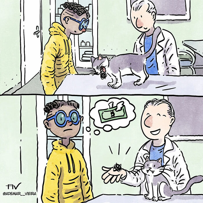 Illustration of a pet owner at the vet, showing a cat with a concerned owner and vet discussing costs.