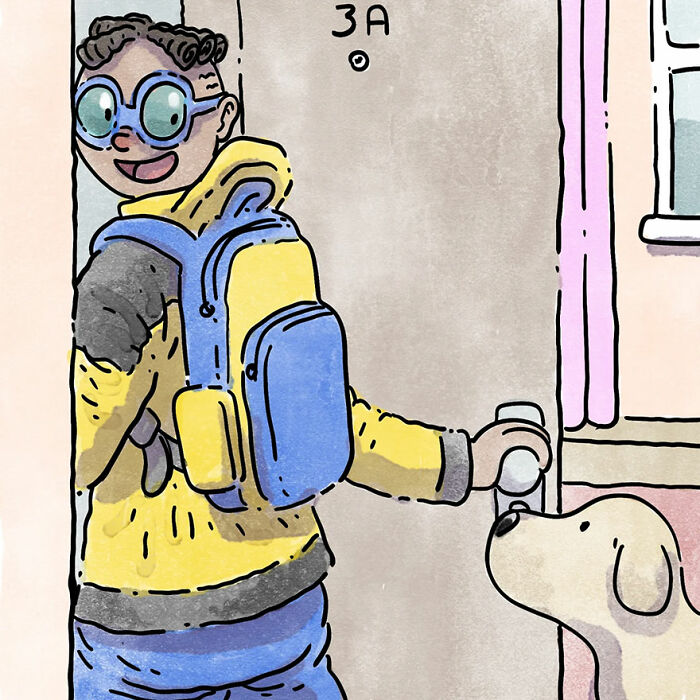 Illustration of a person entering home with a dog, capturing a heartwarming pet story moment.