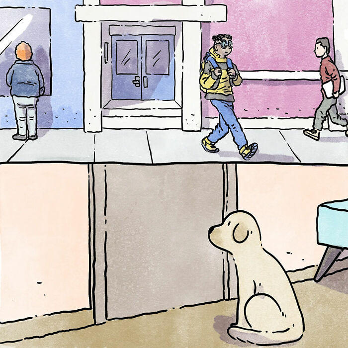 Illustration of a dog waiting indoors, as people walk by outside on the street.