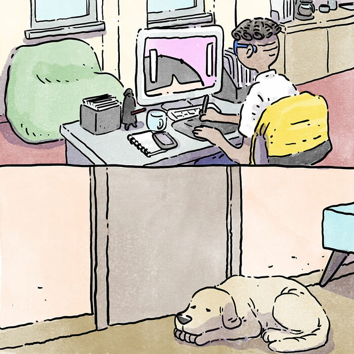 Artist illustrates a pet owner working, while their dog sleeps nearby, showing relatable pet-owner moments.