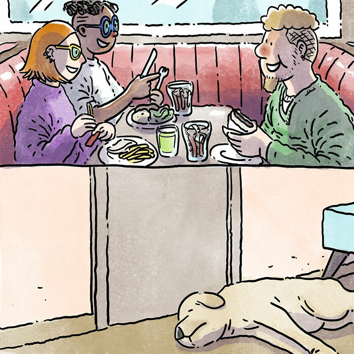 Illustration of people enjoying a meal while a pet dog sleeps peacefully underneath the table.