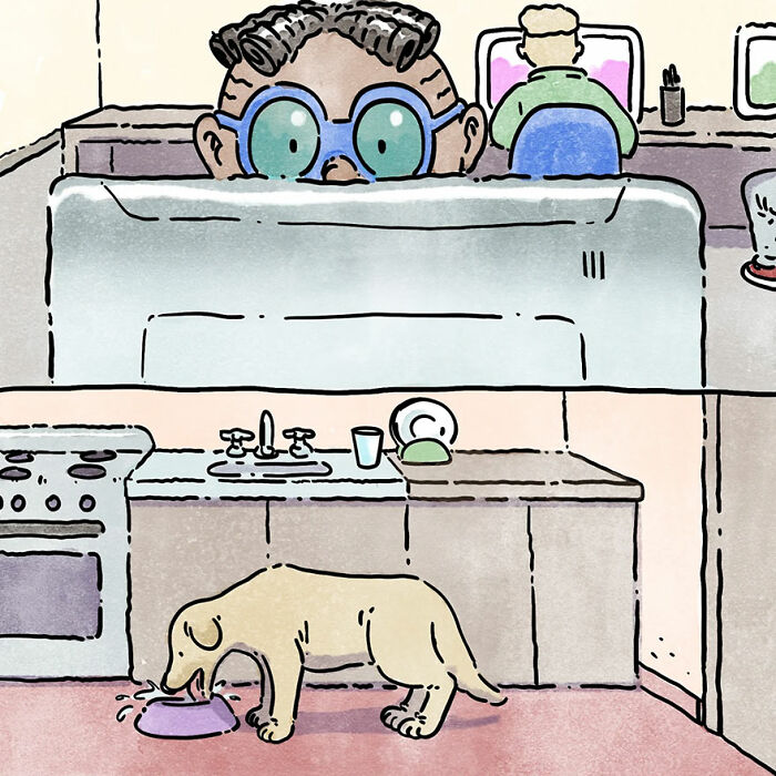 Illustration of a person with glasses working at a desk and a dog eating in the kitchen, relatable to pet owners.