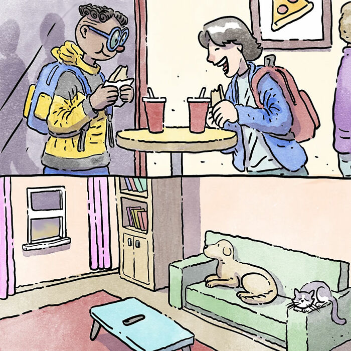 Comic illustration of pet stories with friends chatting and pets relaxing on a couch; relatable for pet owners.