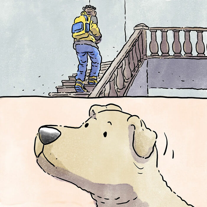 Illustration showing a person going upstairs and a dog's face below, capturing heartwarming pet owner moments.
