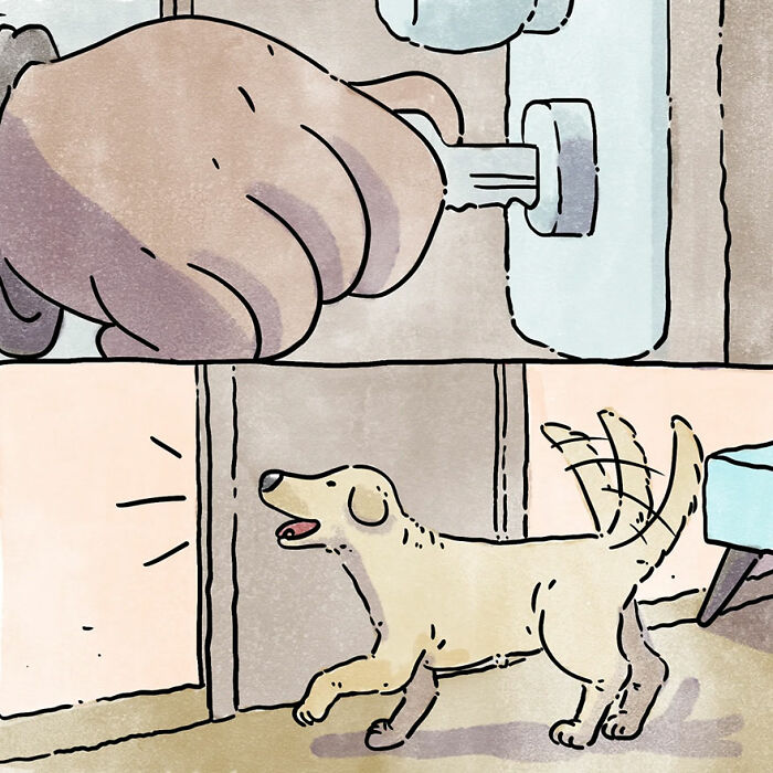 Illustration of a dog wagging its tail as a hand opens a door, capturing a heartwarming pet owner story.