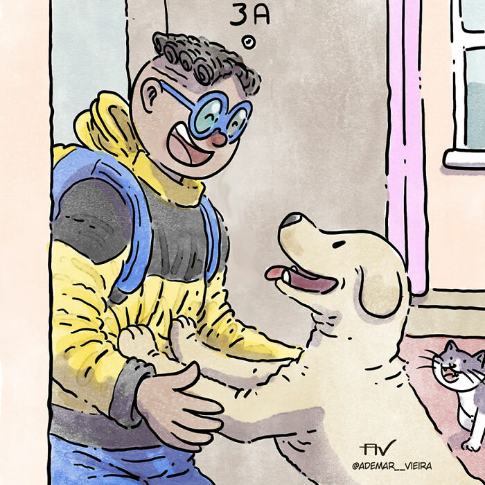 Illustration of person greeting a happy dog and curious cat at home, relatable to pet owners.