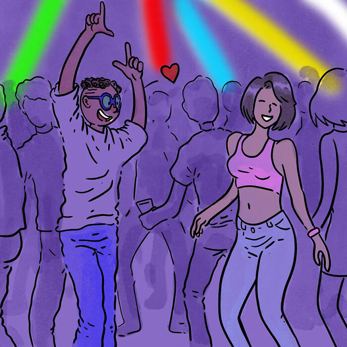 Illustration of a joyful crowd in a club with colorful lights, capturing heartwarming stories shared by pet owners.