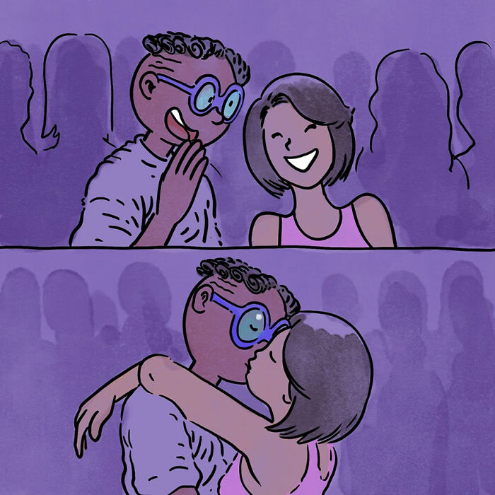 Couple happily embraces in a heartwarming illustration, showcasing relatable pet owner stories.