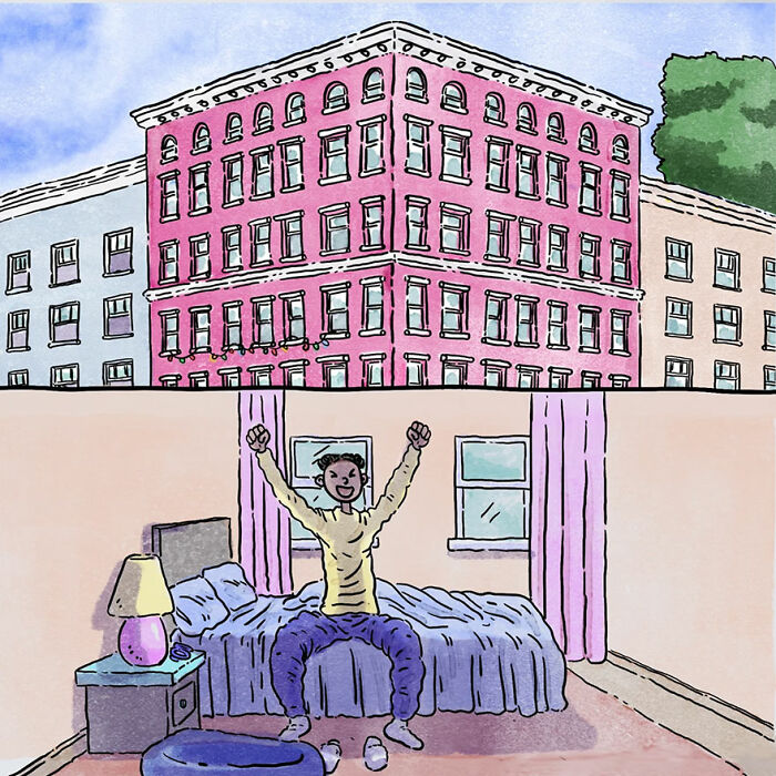 Illustration of a happy person waking up in bed beneath a pink apartment building, reflecting heartwarming pet stories.