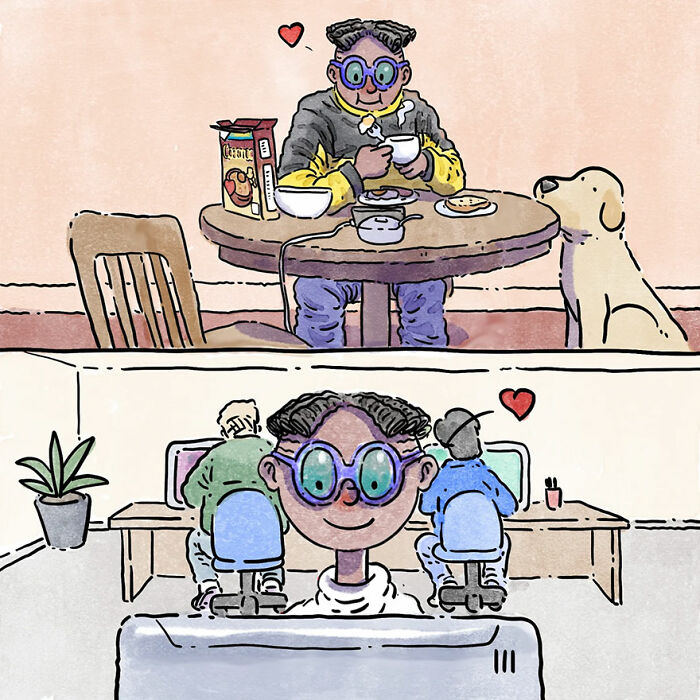 Artist illustrates heartwarming pet owner stories, featuring a person enjoying breakfast with a dog and working at a computer.