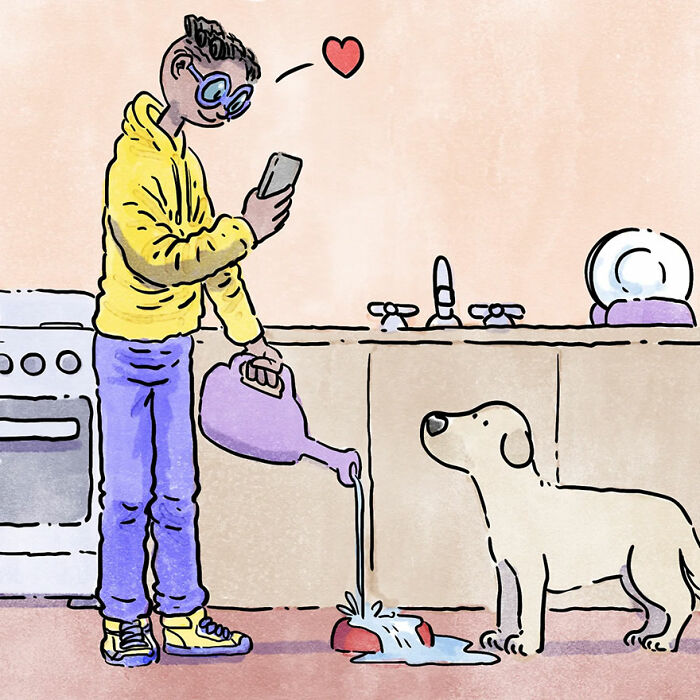 Cartoon of a pet owner distracted by their phone, pouring water, with a cute dog watching in a kitchen setting.