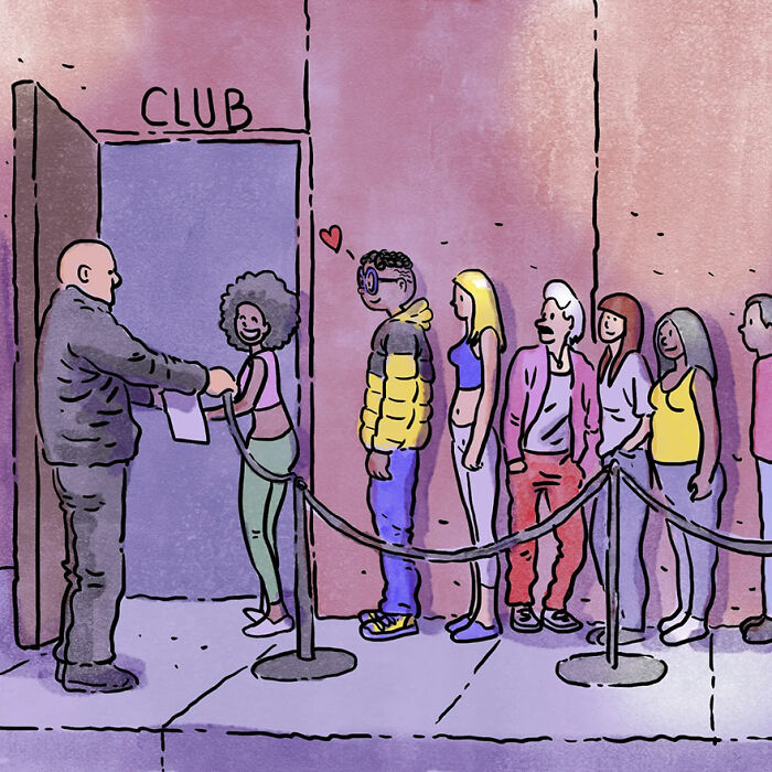 Illustration of people in line for a club, with a heartwarming moment between a man and woman, capturing relatable pet owner emotions.