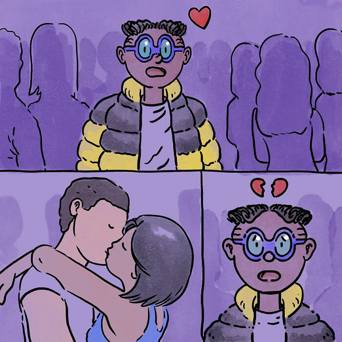 Comic illustration of a surprised person in a crowd shows a heart above and broken heart below as they see a couple kissing.