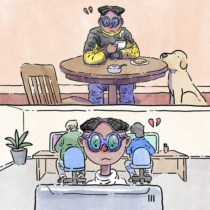 Illustration of a person with a dog, and a person working at a desk, symbolizing relatable pet owner stories.