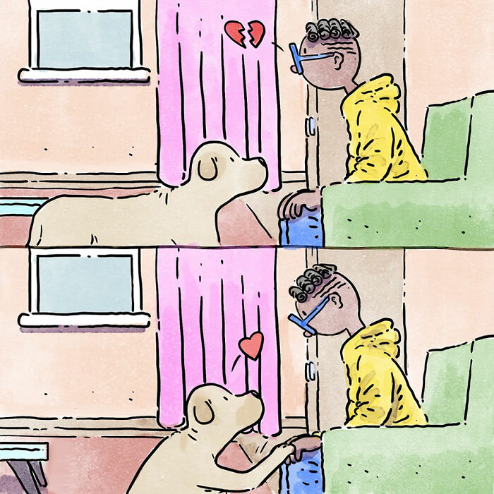 Illustration of a pet and owner with changing emotions, showcasing relatable heartwarming stories.