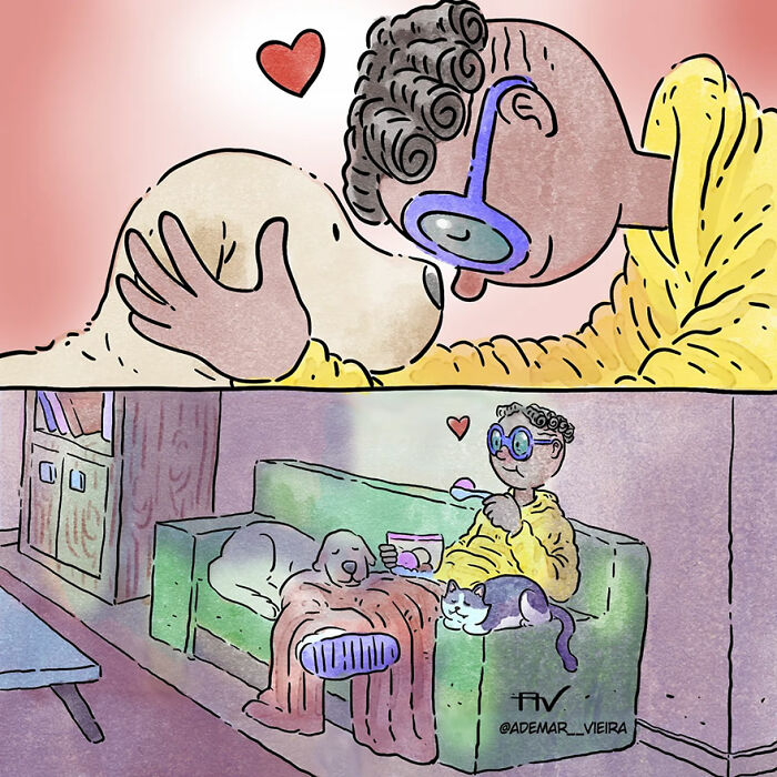 Artist illustrates heartwarming story of pet owner cuddling with dog and cat on a couch, sharing love and warmth.