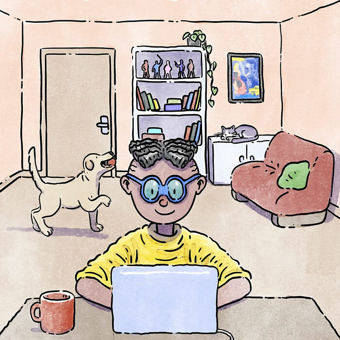 Artist illustrates a cozy room where a person works on a laptop, a dog plays nearby, and a cat naps on a cabinet.