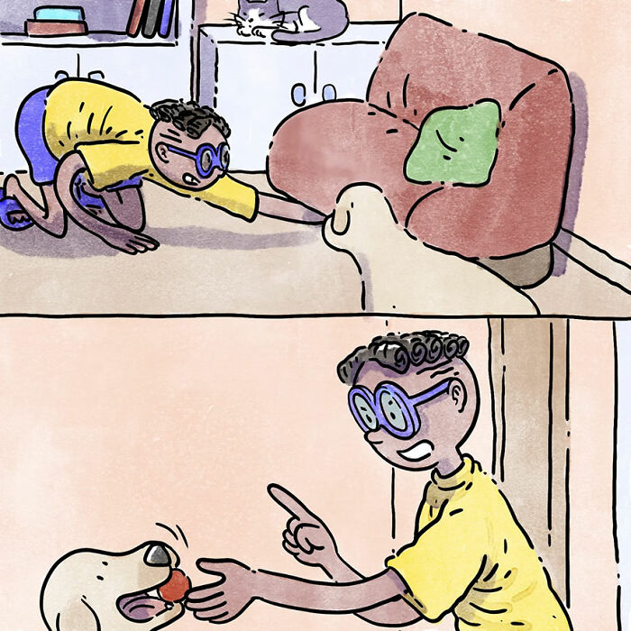 Illustrative comic of a playful scene between a pet owner and a dog, capturing heartwarming moments.