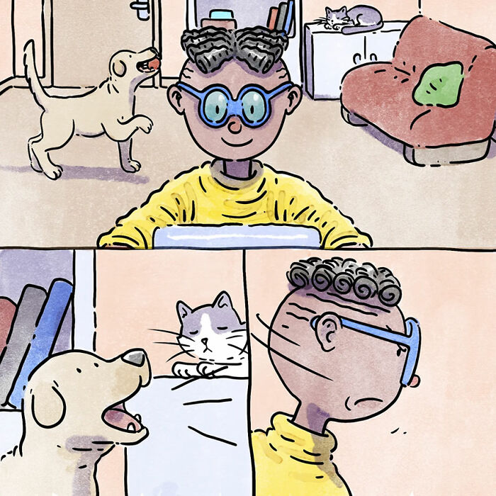 A person with glasses and pets, illustrating heartwarming pet owner stories in a three-panel comic strip.