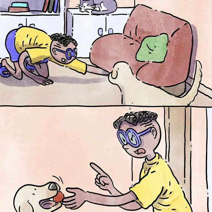 Illustration of a person and dog interacting, capturing a heartwarming moment every pet owner can relate to.