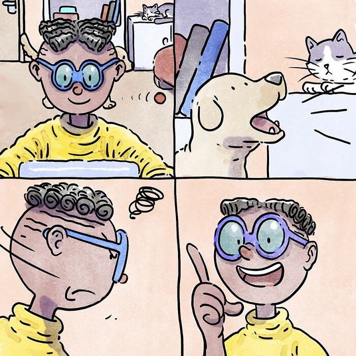 Cartoon of a person with glasses, a dog barking, and a cat observing, illustrating relatable pet owner moments.