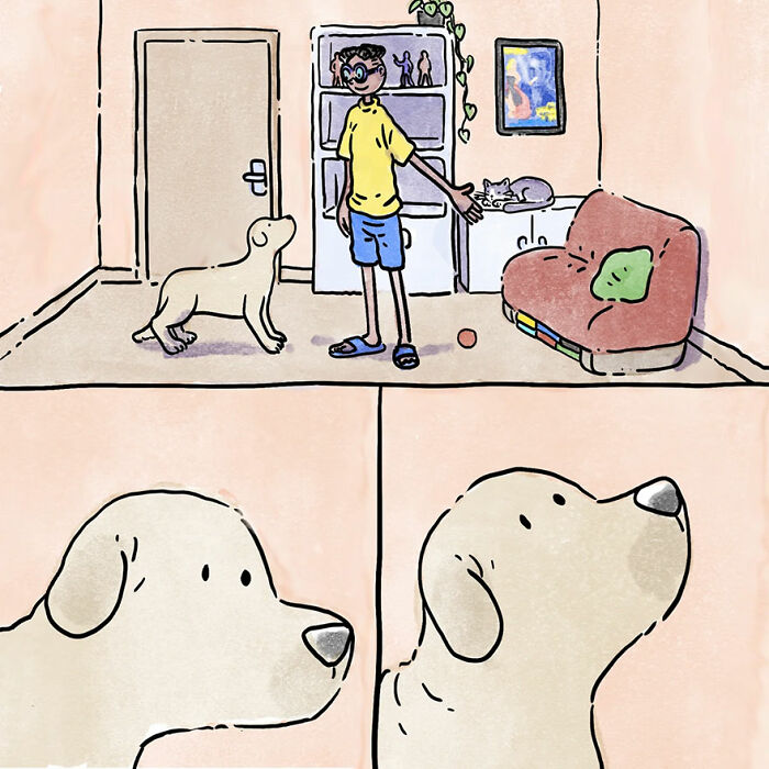 Illustration of a dog and person in a room, capturing a relatable pet owner experience.