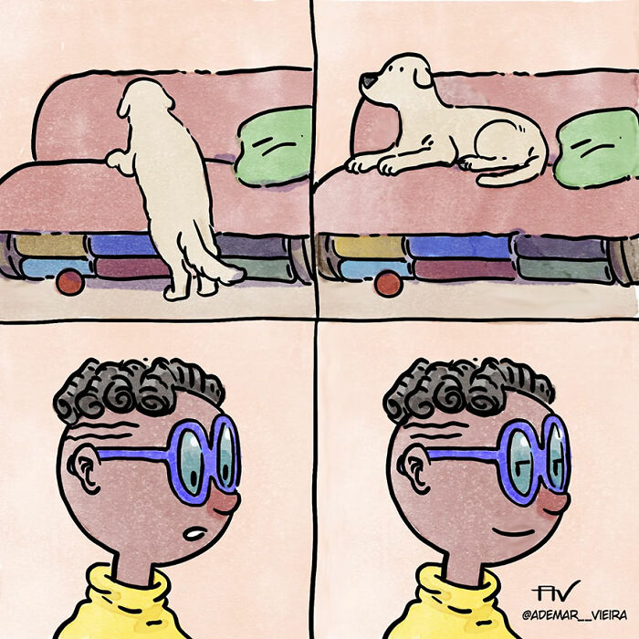 Artist illustrates a relatable pet story, showing a dog on a couch and a person's surprised and amused reactions.
