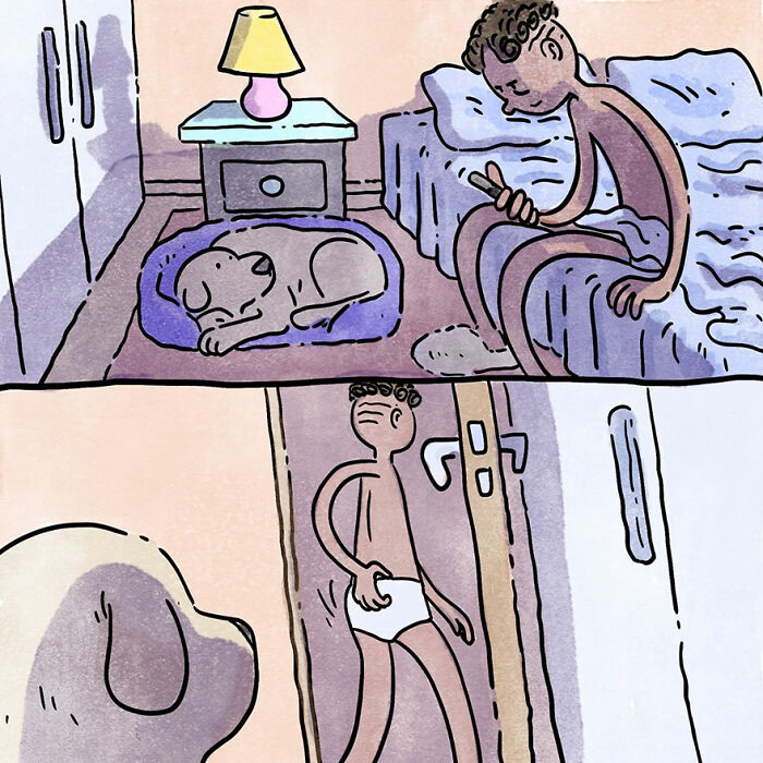 Cartoon of a pet owner checking on a sleeping dog and walking out of the room.