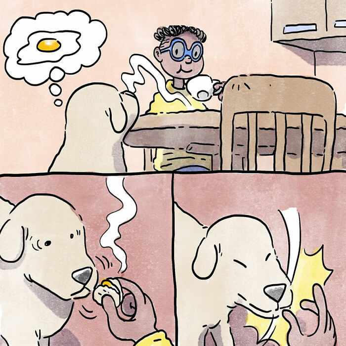 Comic of a dog yearning for food at a table, later being fed a treat. Heartwarming pet owner moment illustrated.