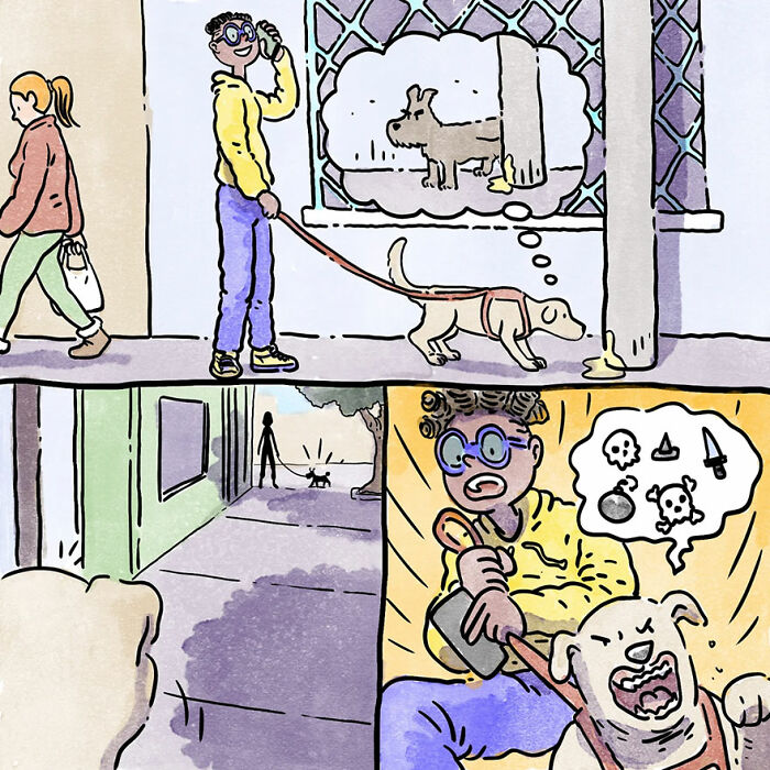 Illustration of a person walking a dog, showcasing relatable pet owner moments in a comic style.