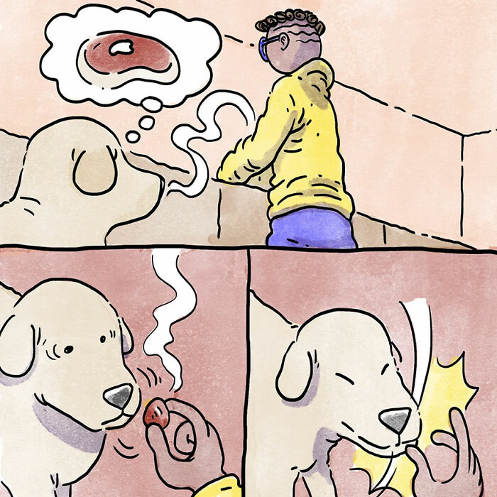 Illustration of a dog imagining a treat, given by a person in a yellow hoodie, capturing pet owner's relatable story.