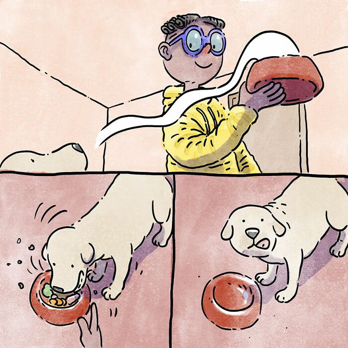 Illustration of a person feeding a dog in a comic, showing a relatable pet owner moment.