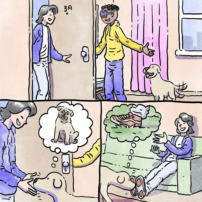Comic illustration showing a heartwarming pet story with two people and a dog, highlighting pet-owner thoughts.