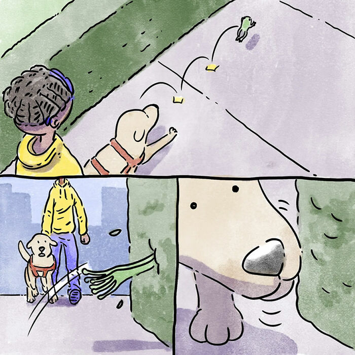 Illustration of a dog on a walk sniffing near a bush, capturing relatable pet owner moments.