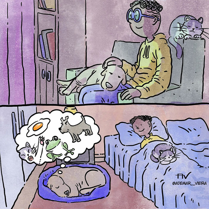 Illustration of a person with pets dreaming and relaxing, showcasing heartwarming stories pet owners relate to.
