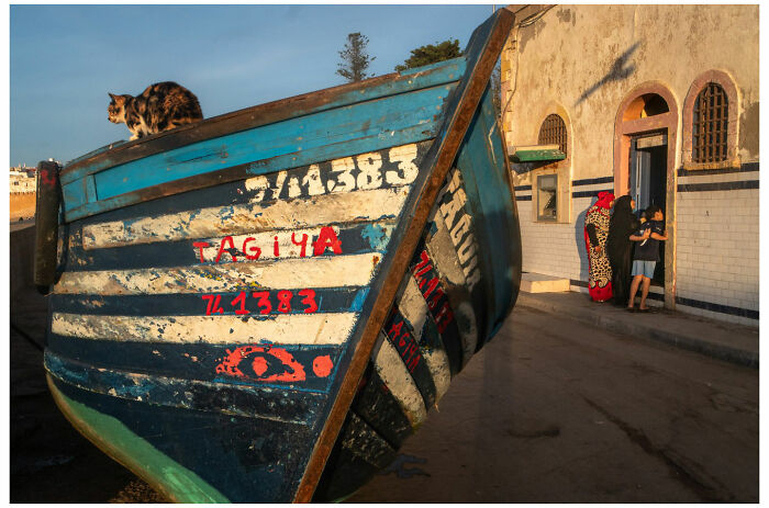 A blue boat with a cat on top, captured by Andrés Ramos, near people by a building under warm sunset light.
