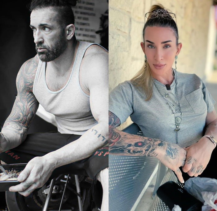 Former WWE star's drastic transition, from muscular alpha male to a woman, with tattoos visible in both images.