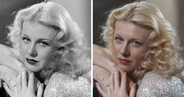 Art project depicting two images of a historical figure with blonde hair, one in black and white, the other in color.