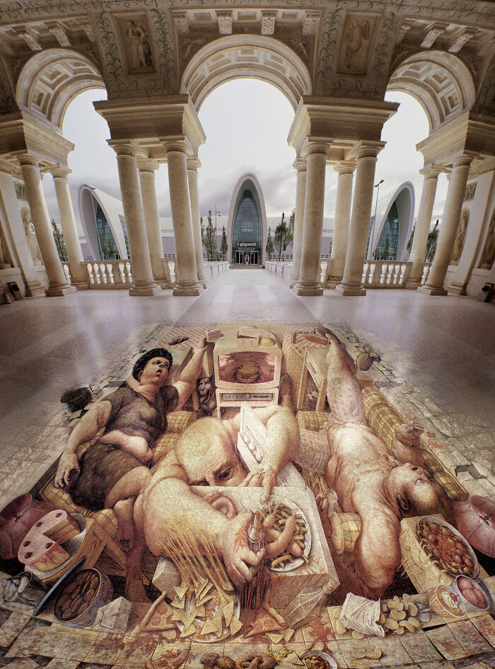 3D street art masterpiece with surreal figures on a grand architectural floor, creating an optical illusion.