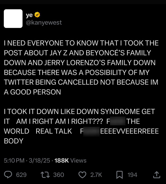 Tweet by Kanye West mentioning Jay-Z and Beyonc&eacute;'s family, sparking controversy among Beyonc&eacute; fans.