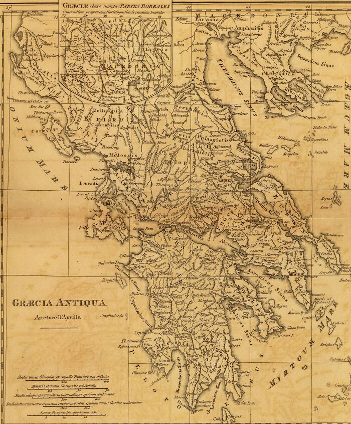 Antique map of ancient Greece, showcasing detailed exploration and navigation routes.