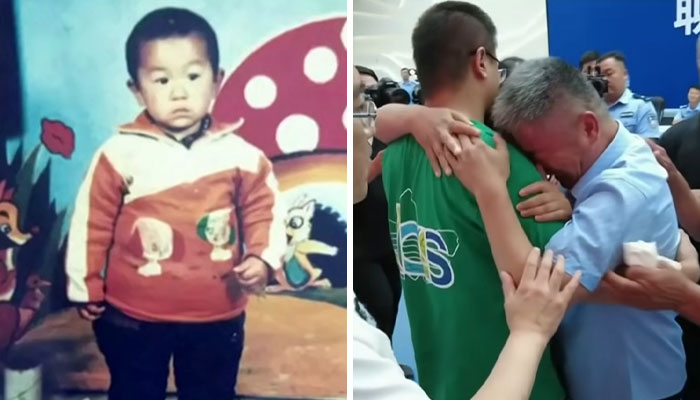 Young child in a colorful outfit and emotional reunion scene, highlighting found abducted children.